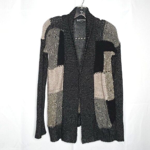 Marystyle Open Cardigan Sweater S Black Gray Color Block Geometric Patchwork - Picture 1 of 6
